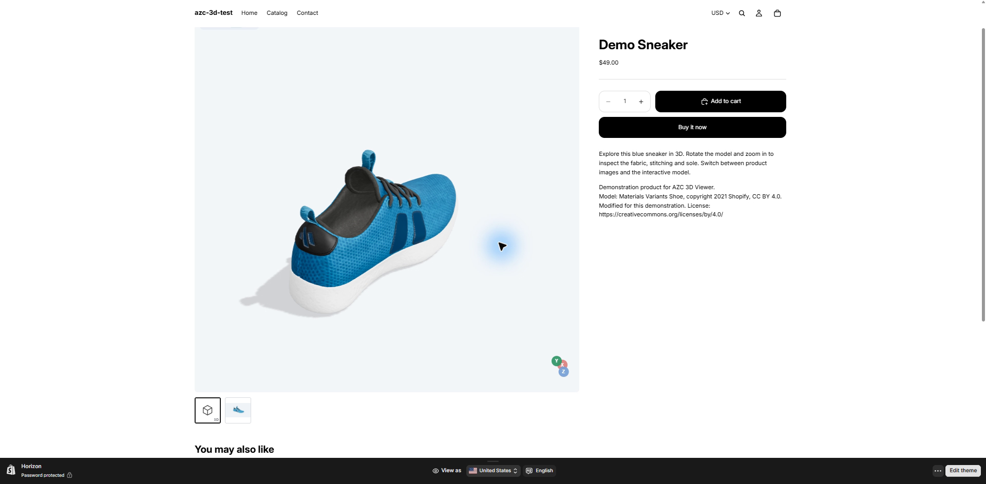 Demo Sneaker product page with an interactive 3D shoe and image thumbnails